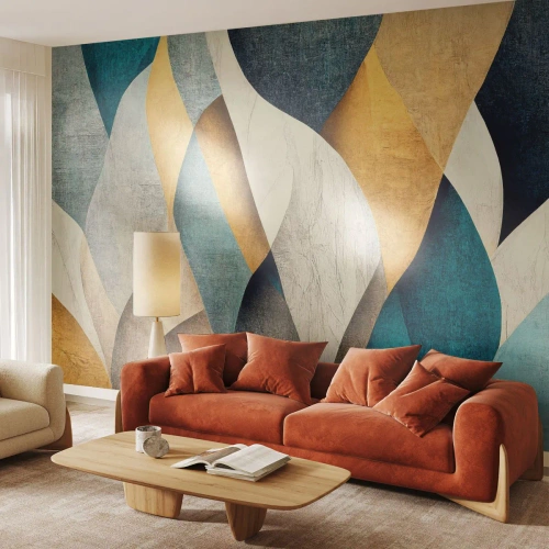 Papier Peint Photo Premium Sand - Formes abstraites dans des tons d'or, de beige et de bleu - 100x70cm - Rythme et vague - Décoration murale moderne pour le salon et la chambre ARTTOR