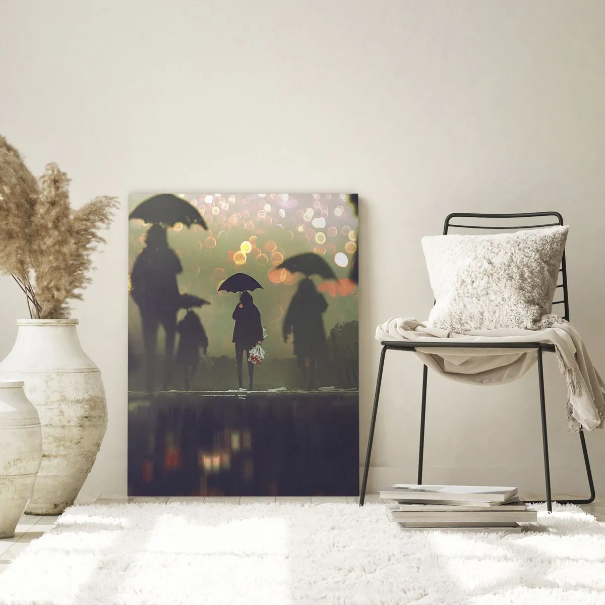 Impression sur verre - Image sur verre - Une silhouette avec un parapluie un soir pluvieux parmi les lumières de la ville - 80x120cm - Du point de vue d'une goutte de pluie - Décoration murale moderne pour le salon et la chambre ARTTOR