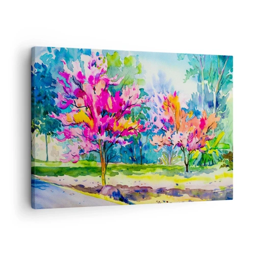Impression sur toile - Image sur toile - Arbres colorés dans un parc dans un style aquarelle - 70x50cm - Jardin arc-en-ciel à la lumière du printemps - Décoration murale moderne pour le salon et la chambre ARTTOR