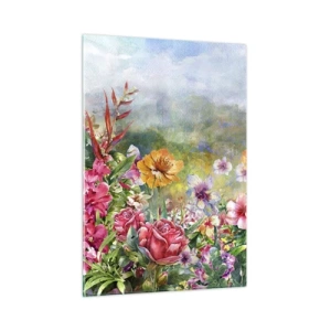 Impression sur verre - Image sur verre - Un bouquet de fleurs colorées dans un paysage pittoresque - 50x70cm - Un jardin devenu fou - Décoration murale moderne pour le salon et la chambre ARTTOR