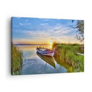Impression sur toile - Image sur toile - Un bateau dans une baie tranquille au coucher du soleil - 70x50cm - La crique où les rêves deviennent réalité - Décoration murale moderne pour le salon et la chambre ARTTOR