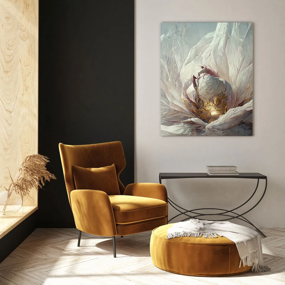 Impression sur verre - Image sur verre - Une fleur épanouie dans des tons gris et or délicats - 50x70cm - Il fleurit une fois tous les cent ans - Décoration murale moderne pour le salon et la chambre ARTTOR