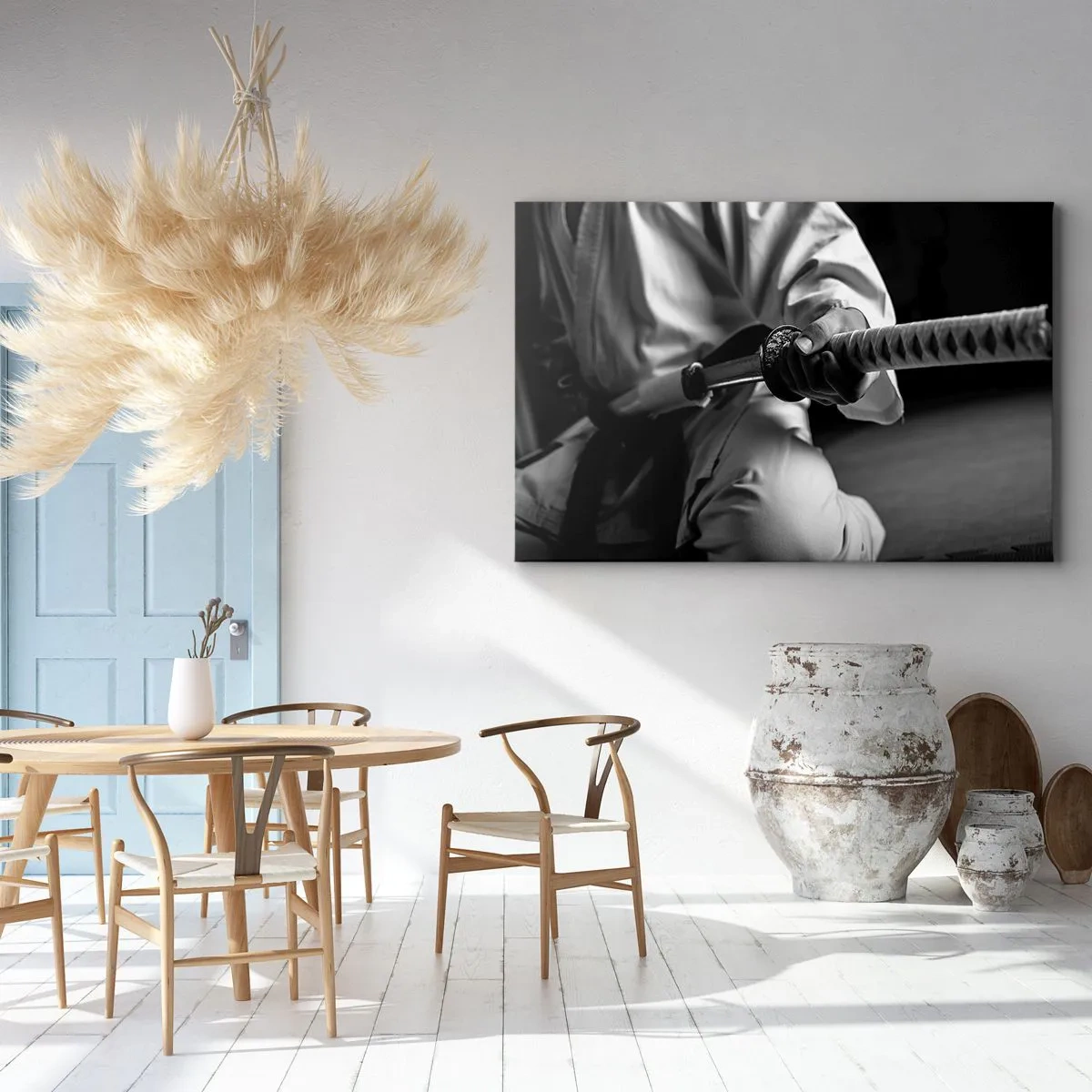 Impression sur toile - Image sur toile - Un samouraï en kimono tenant un katana en noir et blanc. - 70x50cm - Âme de guerrier - Décoration murale moderne pour le salon et la chambre ARTTOR
