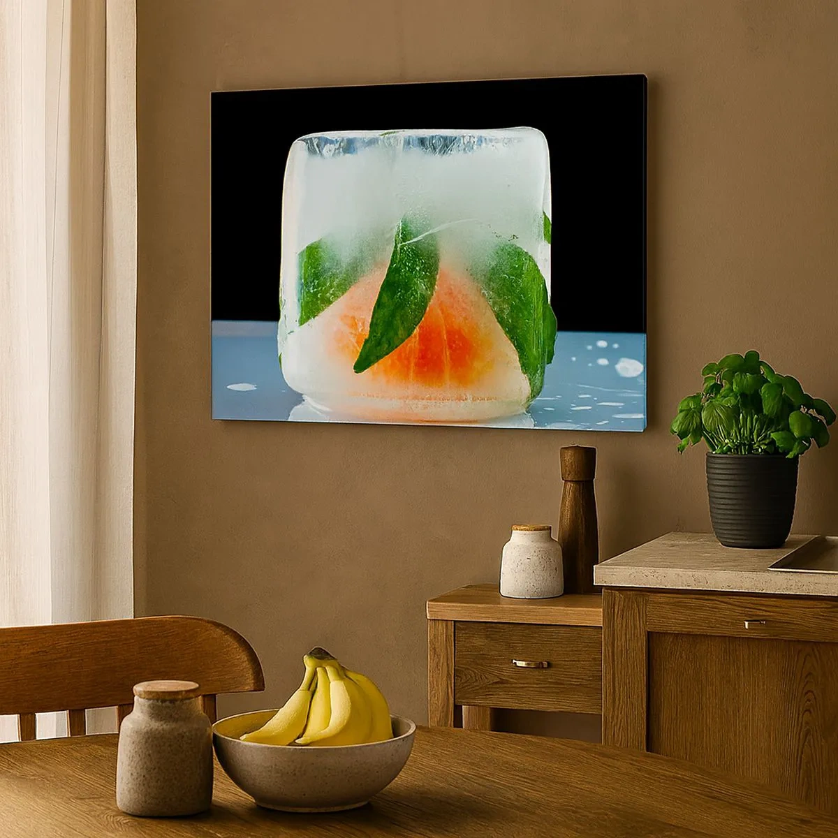 Impression sur toile - Image sur toile - Glaçon à l'orange et aux feuilles - 70x50cm - Fraîcheur et rafraîchissement - Décoration murale moderne pour le salon et la chambre ARTTOR