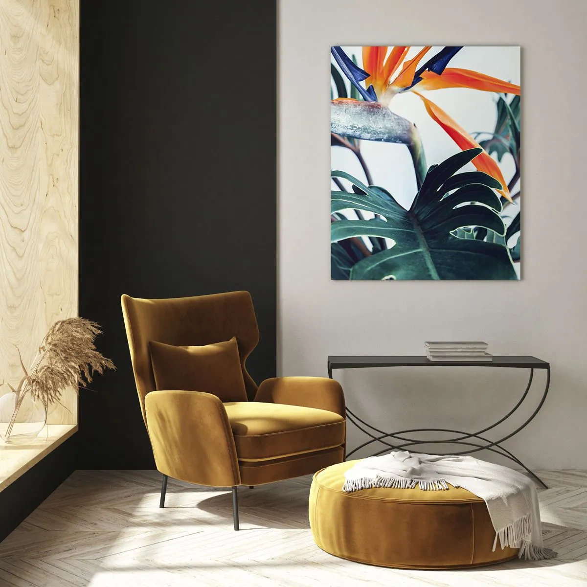 Impression sur verre - Image sur verre - Fleur de Strelitzia entourée de feuilles sous une lumière vive - 70x100cm - Le buisson oiseaux - Décoration murale moderne pour le salon et la chambre ARTTOR