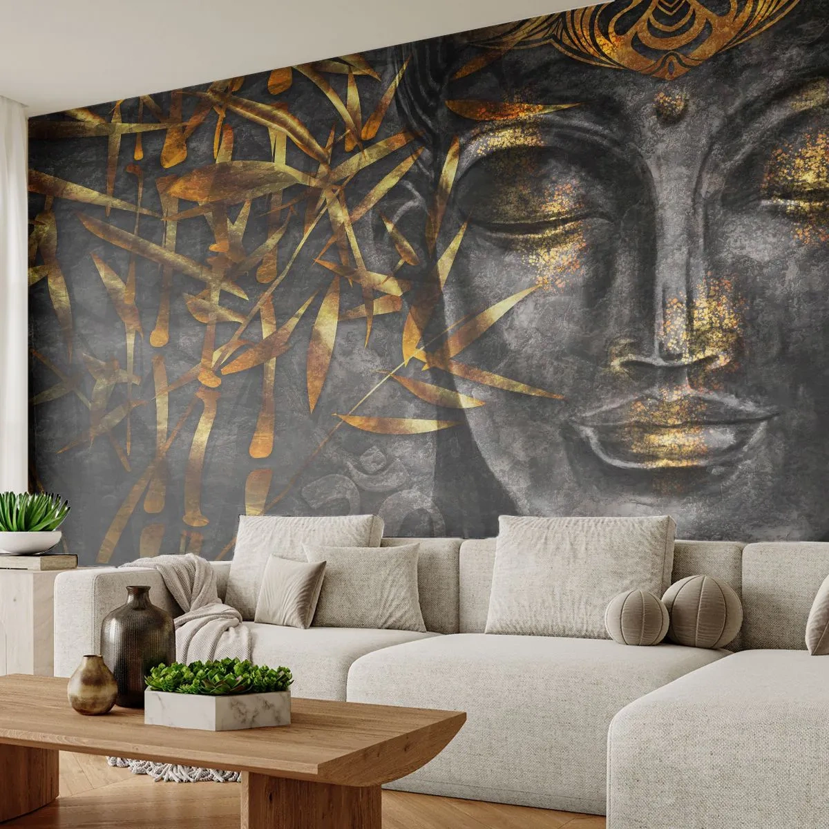 Papier Peint Photo Premium Sand - Une image de Bouddha dorée sur un fond sombre avec du bambou - 100x70cm - Ressentir le calme - Décoration murale moderne pour le salon et la chambre ARTTOR