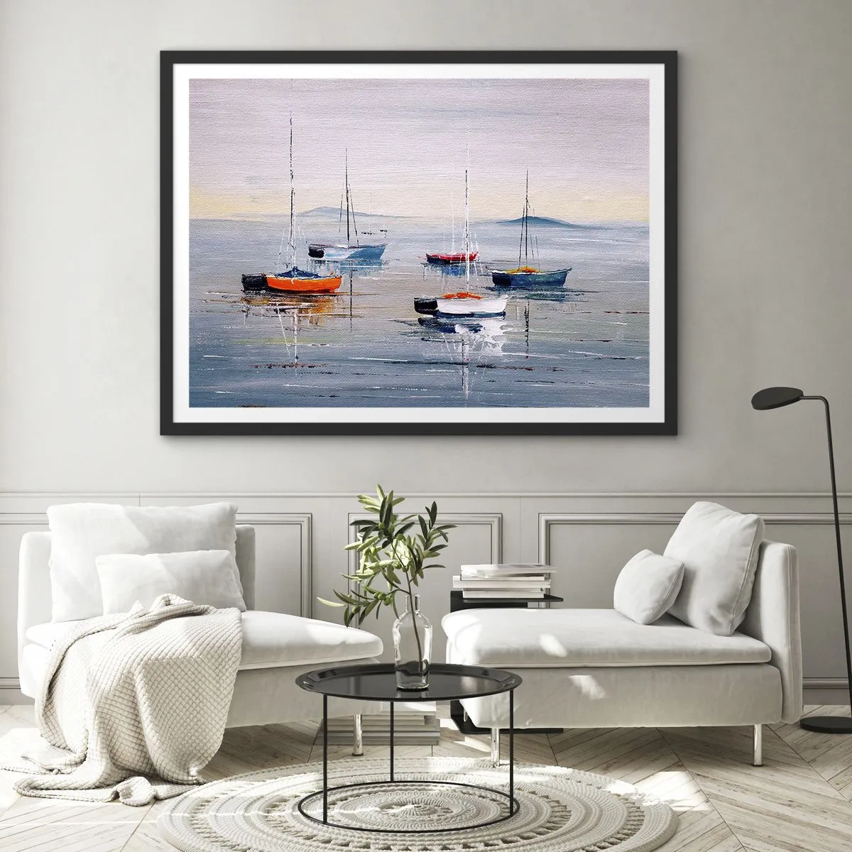 Affiche dans un cadre noir - Poster - Bateaux colorés sur une eau calme - 100x70cm - Un repos bien mérité - Décoration murale moderne pour le salon et la chambre ARTTOR