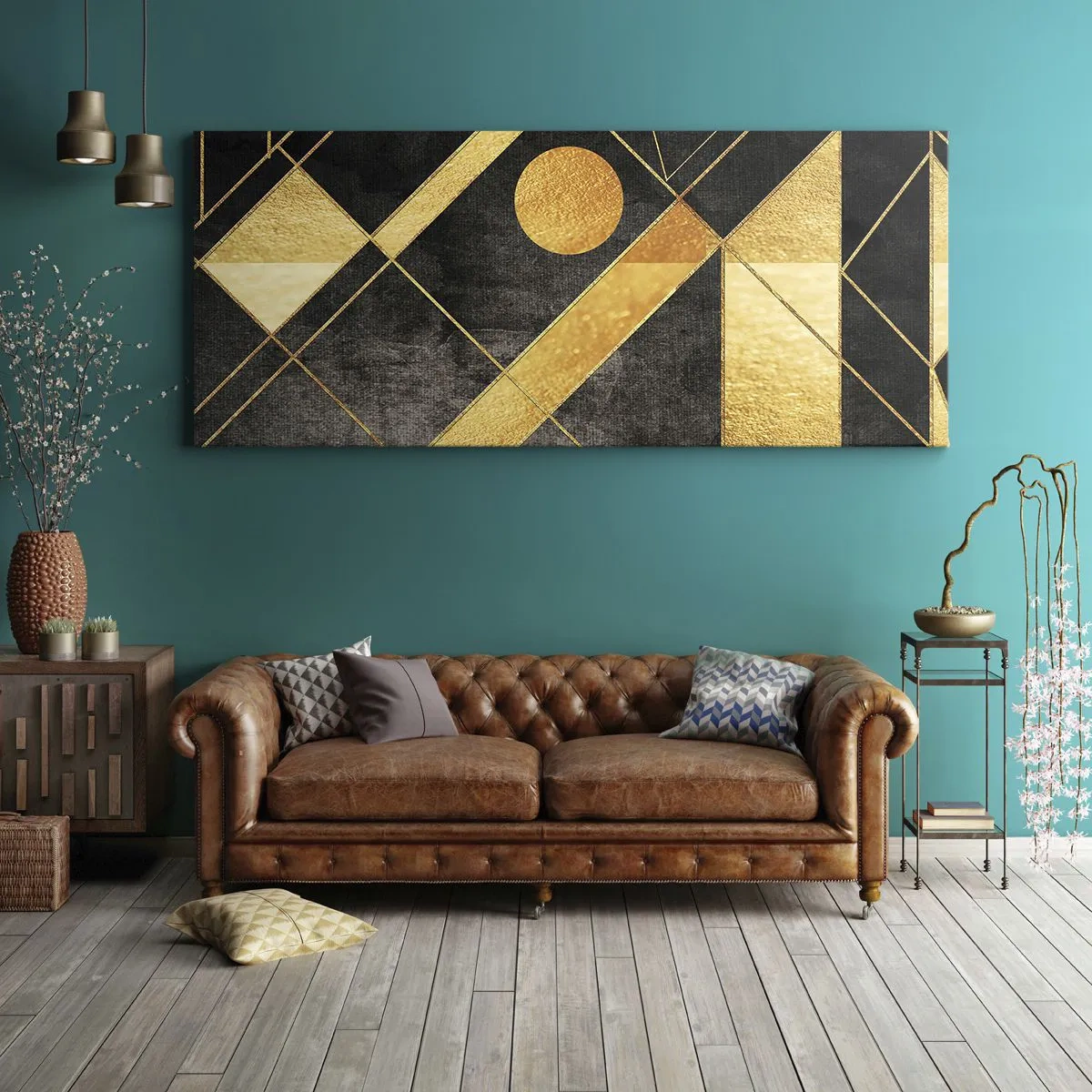 Impression sur toile - Image sur toile - Formes géométriques dans les tons or et noir - 160x50cm - Soleil du désert - Décoration murale moderne pour le salon et la chambre ARTTOR