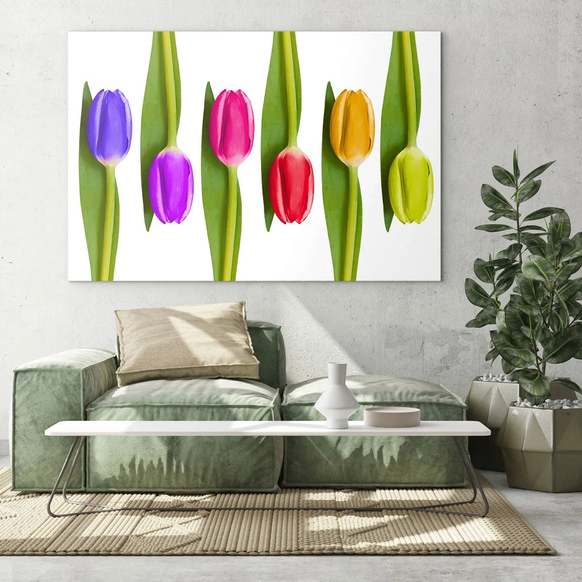 Impression sur verre - Image sur verre - Tulipes colorées disposées sur un fond blanc - 120x80cm - Composition arc-en-ciel - Décoration murale moderne pour le salon et la chambre ARTTOR