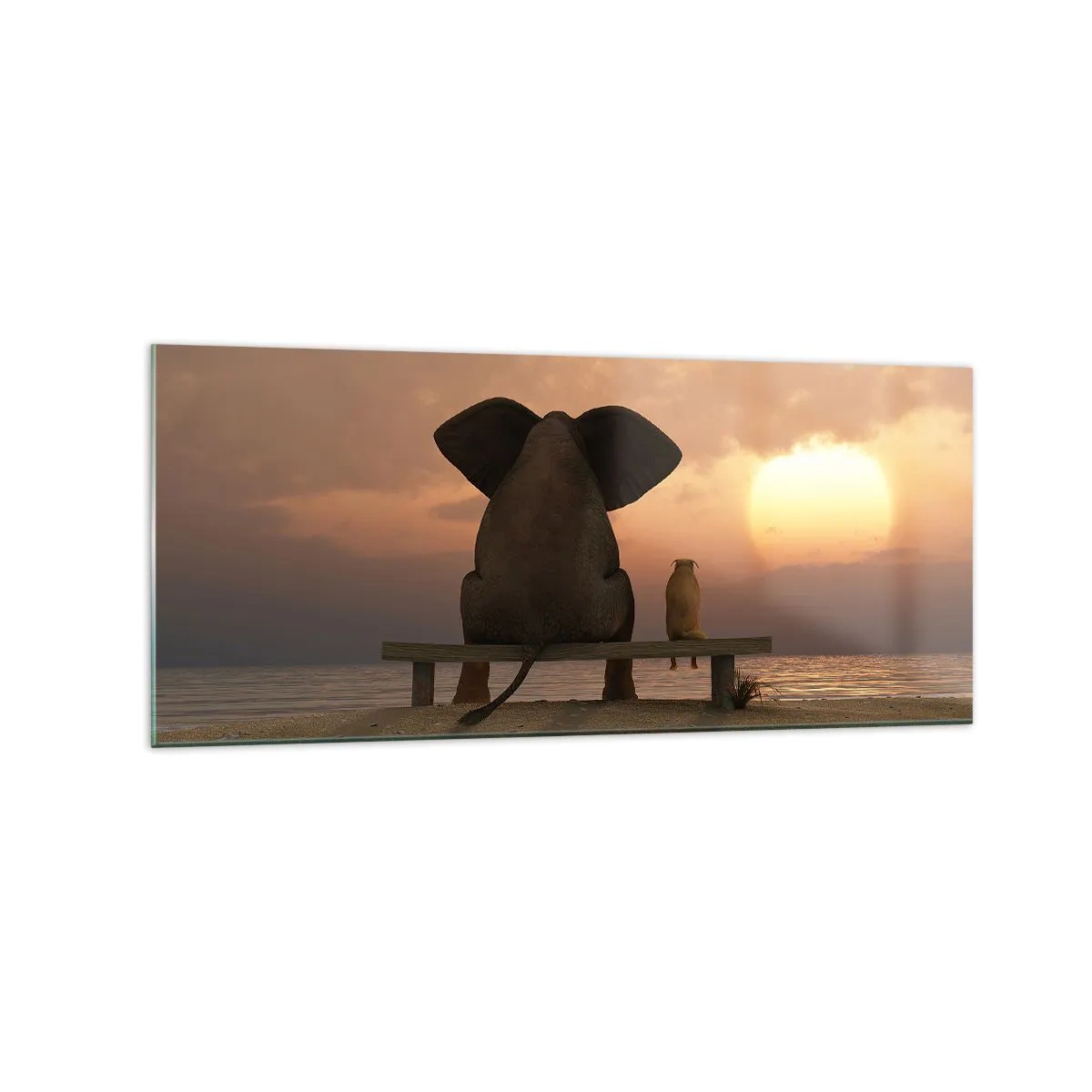Impression sur verre - Image sur verre - Un éléphant et un chien sont assis sur un banc sur la plage au coucher du soleil. - 120x50cm - C'est bon de garder le silence ensemble - Décoration murale moderne pour le salon et la chambre ARTTOR