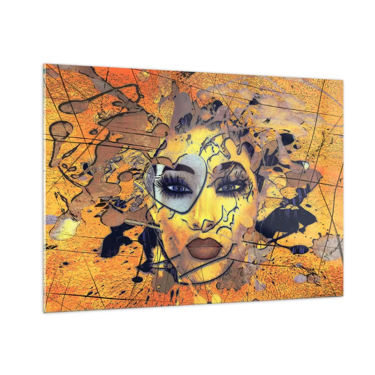 Impression sur verre - Image sur verre - Visage de femme abstrait dans des tons orangés dorés - 100x70cm - Beauté ensoleillée - Décoration murale moderne pour le salon et la chambre ARTTOR