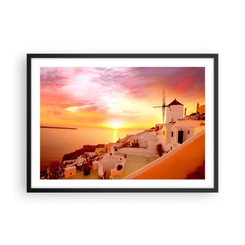 Affiche dans un cadre noir - Poster - Santorin au coucher du soleil avec un moulin à vent - 70x50cm - Fondre en blanc et or - Décoration murale moderne pour le salon et la chambre ARTTOR