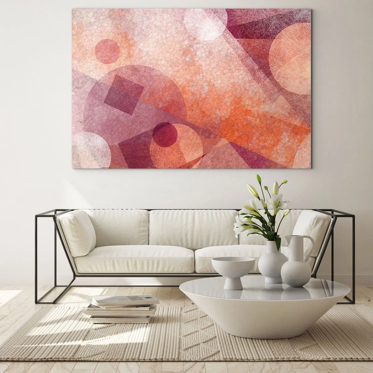 Impression sur verre - Image sur verre - Composition géométrique abstraite dans les tons de rose et d'orange - 70x50cm - Transformations géométriques en rose - Décoration murale moderne pour le salon et la chambre ARTTOR