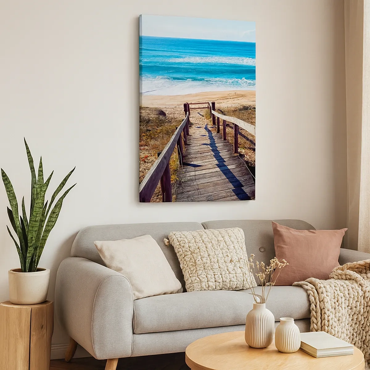 Impression sur toile - Image sur toile - Chemin en bois menant à la plage - 50x70cm - Cours! - Décoration murale moderne pour le salon et la chambre ARTTOR