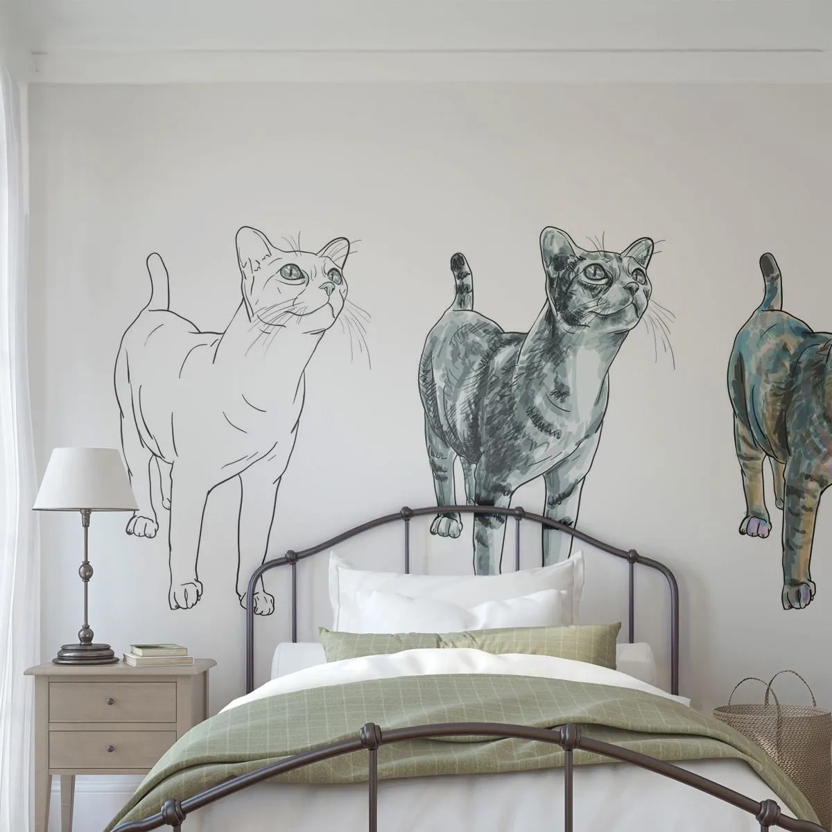 Papier Peint Photo Premium Sand - Les trois phases du dessin d'un chat : croquis, ombrage et couleur - 100x70cm - Leçon de dessin - Décoration murale moderne pour le salon et la chambre ARTTOR