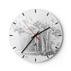 Horloge murale - Pendule murale - Un dessin au crayon d'arbres dans un paysage forestier - 30x30cm - Lumière d'une forêt de bouleaux - Décoration murale moderne pour le salon, la cuisine et la chambre ARTTOR