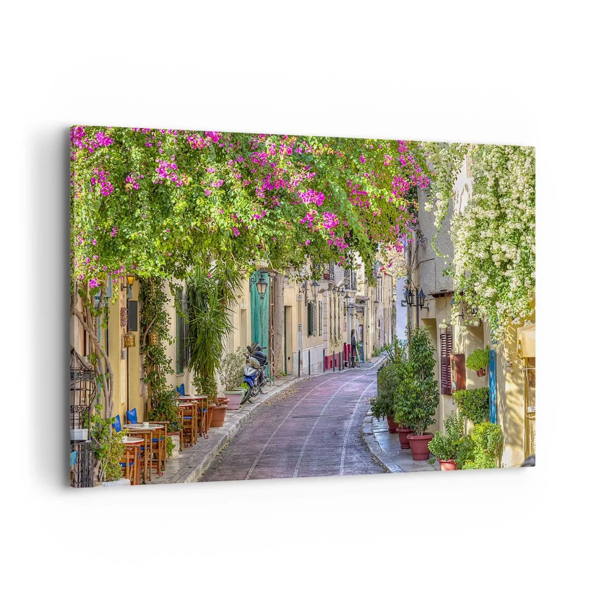 Impression sur toile - Image sur toile - Une charmante rue avec des vignes fleuries et des tables de café - 120x80cm - Allée fleurie - Décoration murale moderne pour le salon et la chambre ARTTOR