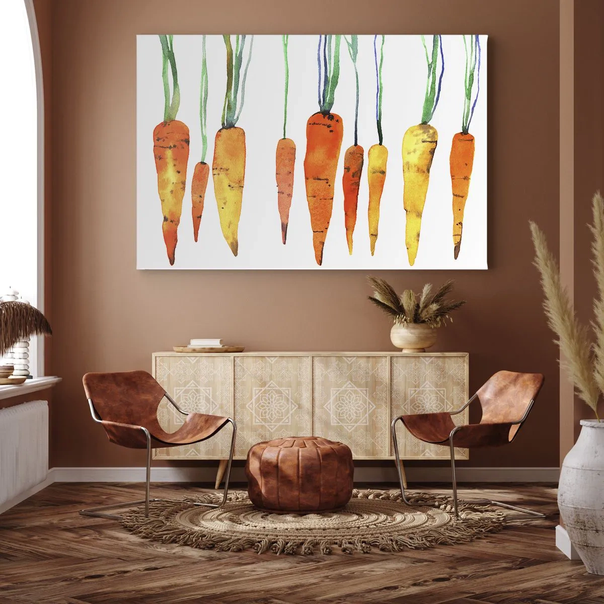 Impression sur toile - Image sur toile - Carottes à l'aquarelle dans différentes nuances sur fond blanc - 70x50cm - La beauté de l'ordinaire - Décoration murale moderne pour le salon et la chambre ARTTOR
