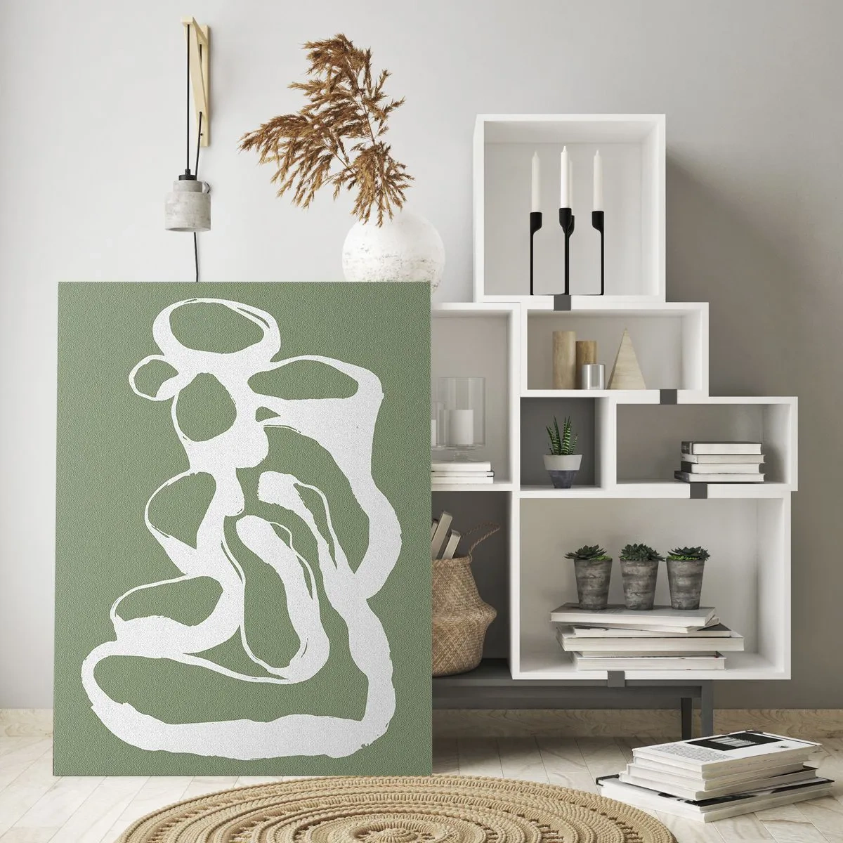 Impression sur verre - Image sur verre - Formes organiques en blanc sur fond vert - 70x100cm - L'appel de l'espace - Décoration murale moderne pour le salon et la chambre ARTTOR