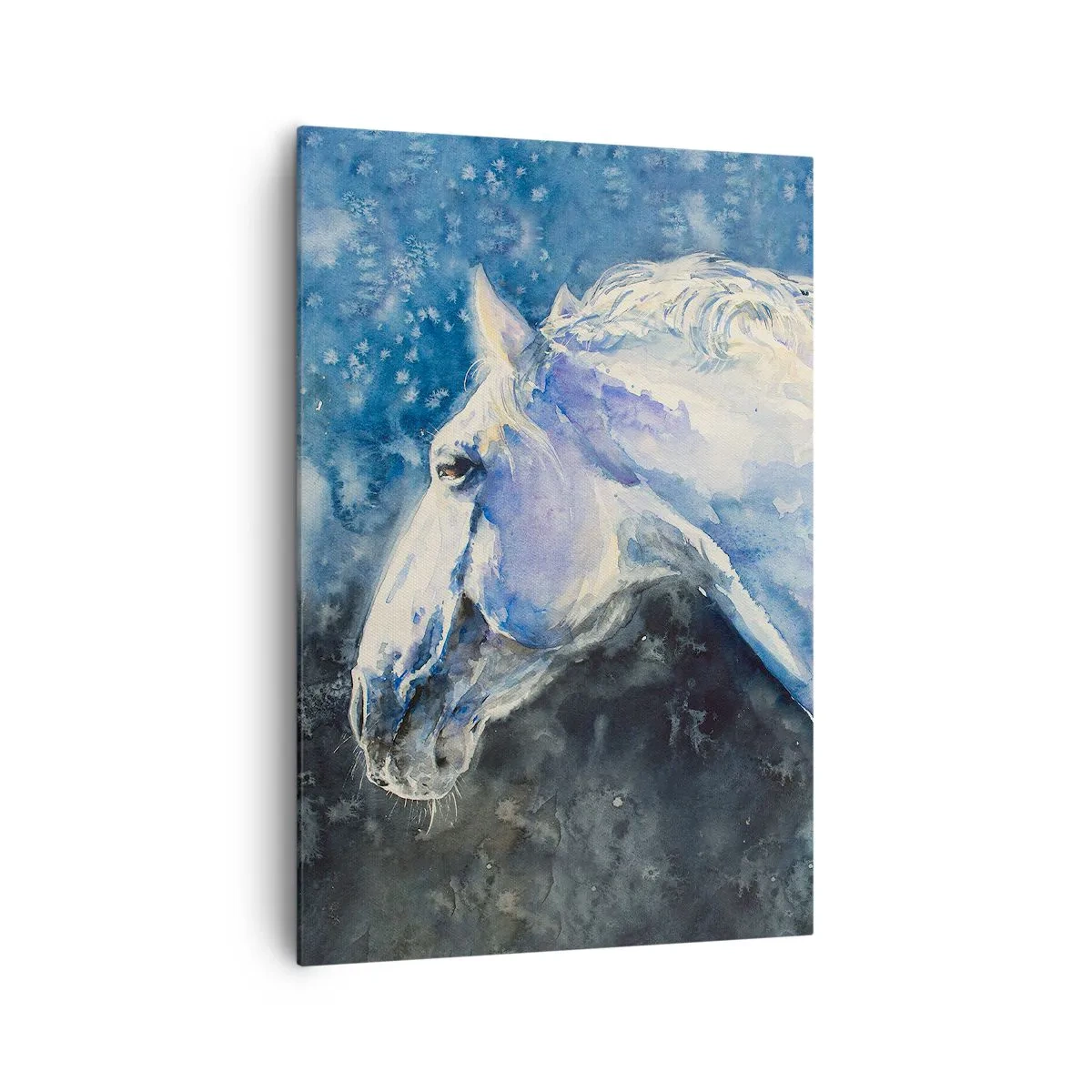 Impression sur toile - Image sur toile - Portrait d'un cheval dans des tons de bleu avec un effet aquarelle pictural. - 70x100cm - Portrait dans une lueur azur - Décoration murale moderne pour le salon et la chambre ARTTOR