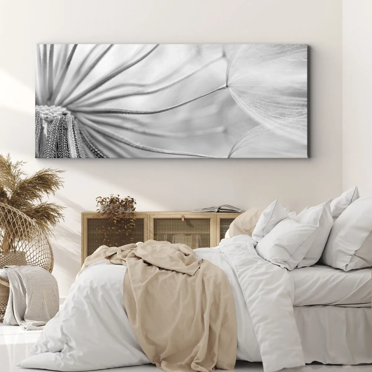 Impression sur toile - Image sur toile - Pissenlits délicats dans des tons noir et blanc - 120x50cm - Aigrette avant son envol - Décoration murale moderne pour le salon et la chambre ARTTOR