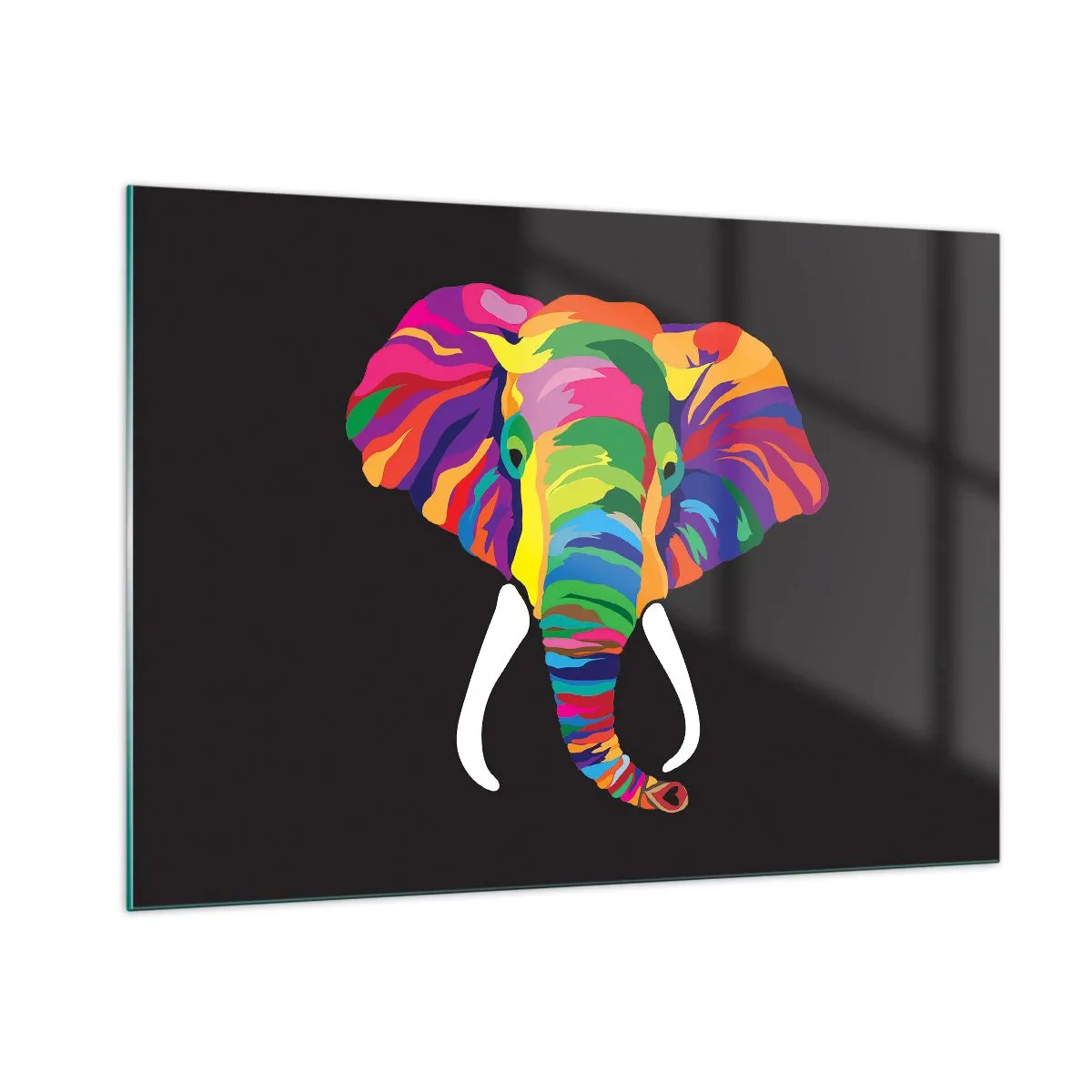 Impression sur verre - Image sur verre - Un éléphant coloré sur fond noir dans un style artistique - 100x70cm - L'éléphant qui aimait se baigner dans un arc-en-ciel - Décoration murale moderne pour le salon et la chambre ARTTOR