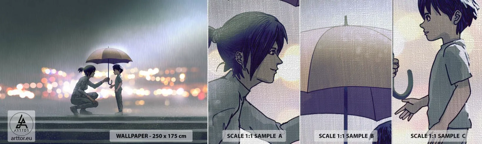 Échantillon de Papier Peint Premium Canvas - Et maintenant, tout va bien - Pour les enfants, Famille, Parapluie - 100x30 cm