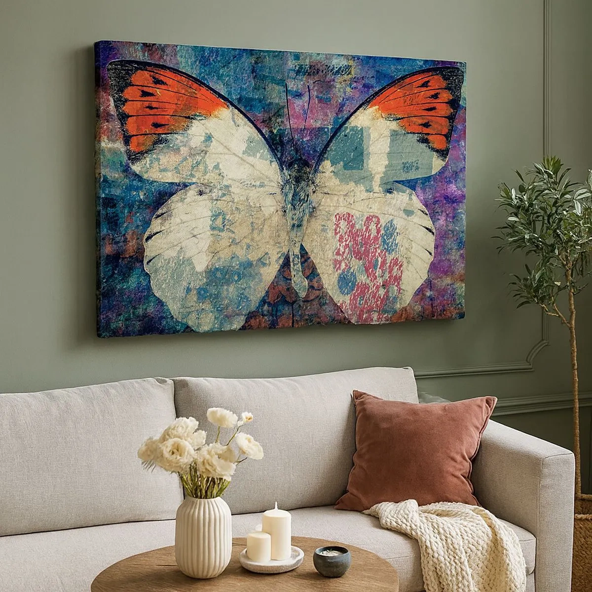 Impression sur toile - Image sur toile - Papillon sur un fond artistique abstrait avec des détails colorés - 70x50cm - Fragilité subtile - Décoration murale moderne pour le salon et la chambre ARTTOR