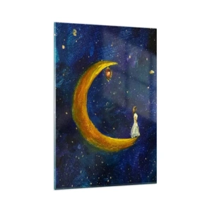 Impression sur verre - Image sur verre - Une fille debout sur la lune dans un ciel étoilé - 80x120cm - Appel du monde - Décoration murale moderne pour le salon et la chambre ARTTOR