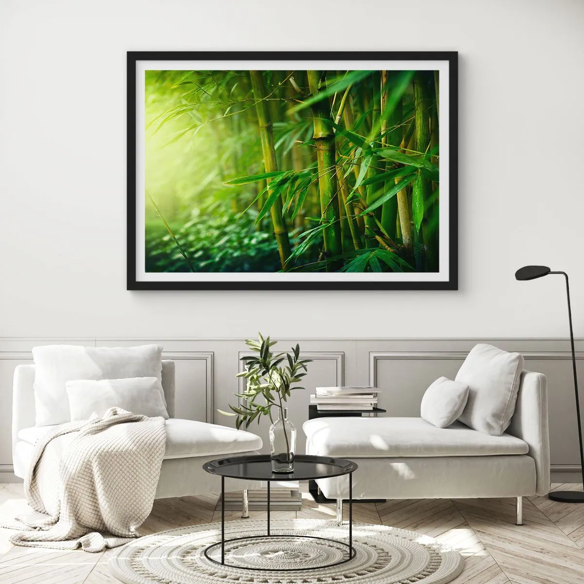 Affiche dans un cadre noir - Poster - Forêt de bambous verts dans une lumière douce - 100x70cm - Apprenez à connaître le vert lui-même - Décoration murale moderne pour le salon et la chambre ARTTOR