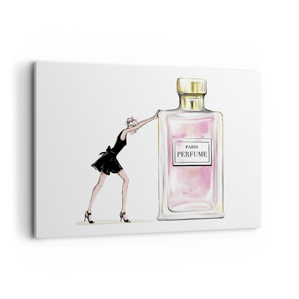 Impression sur toile - Image sur toile - Une femme en robe noire à côté d'un flacon de parfum - 120x80cm - L'essence des femmes - Décoration murale moderne pour le salon et la chambre ARTTOR