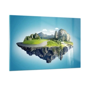 Impression sur verre - Image sur verre - Une île flottante avec des montagnes, une cascade et de la verdure - 120x80cm - Île fantastique - Décoration murale moderne pour le salon et la chambre ARTTOR