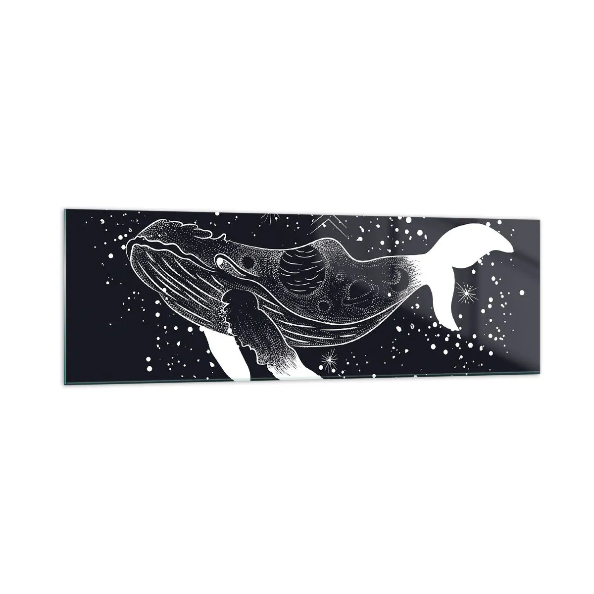 Impression sur verre - Image sur verre - Une illustration graphique d'une baleine dans un style de l'ère spatiale. - 160x50cm - Dans l'océan de l'univers - Décoration murale moderne pour le salon et la chambre ARTTOR