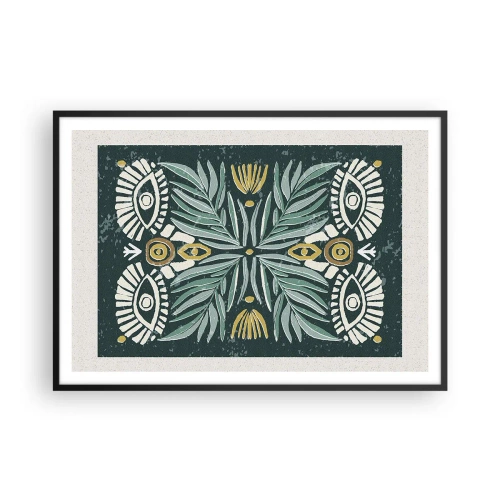 Affiche dans un cadre noir - Poster - Motif végétal symétrique sur fond vert - 100x70cm - Comme une découpe folklorique - Décoration murale moderne pour le salon et la chambre ARTTOR