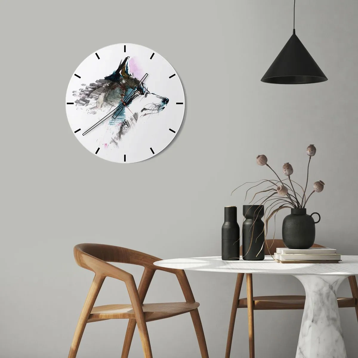 Horloge murale - Pendule murale - Un loup à l'aquarelle aux nuances délicates sur fond blanc - 30x30cm - On parle du loup - Décoration murale moderne pour le salon, la cuisine et la chambre ARTTOR