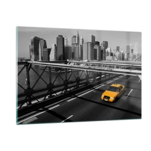 Impression sur verre - Image sur verre - Un taxi jaune sur un pont surplombant Manhattan - 120x80cm - Couleur de la grande ville - Décoration murale moderne pour le salon et la chambre ARTTOR