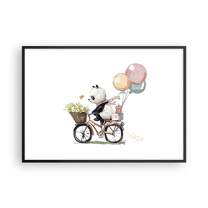 Affiche dans un cadre noir - Poster - Panda sur un vélo avec des ballons et des fleurs - 100x70cm - Jour de chance - Décoration murale moderne pour le salon et la chambre ARTTOR