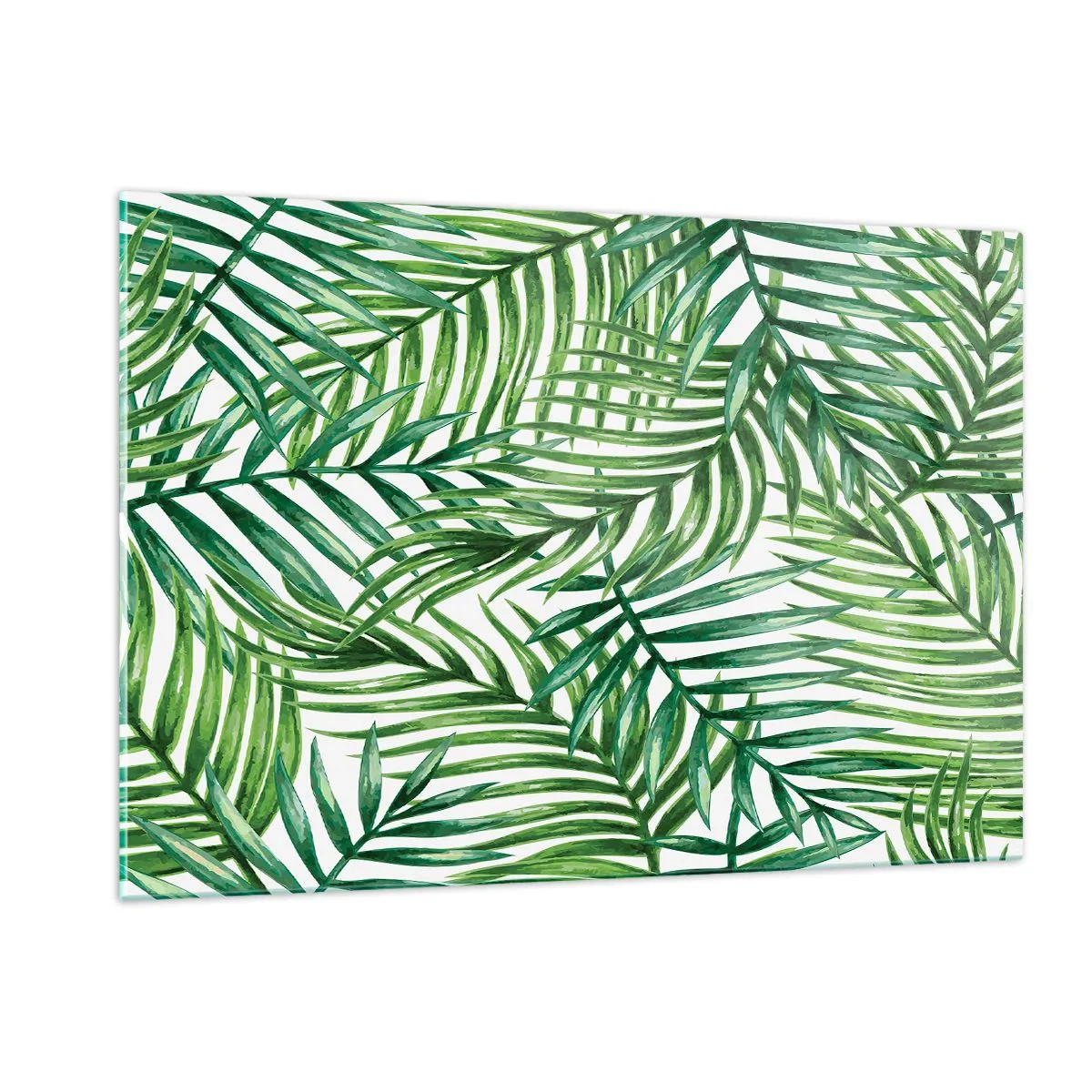 Impression sur verre - Image sur verre - Feuilles de palmier vertes sur fond blanc créant un motif géométrique - 120x80cm - Sous la canopée verte - Décoration murale moderne pour le salon et la chambre ARTTOR
