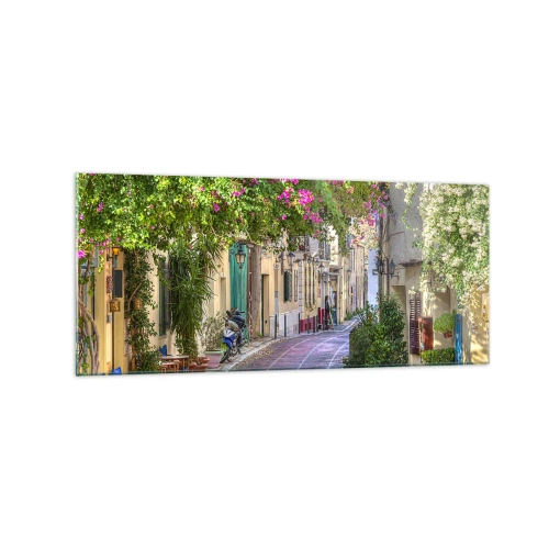 Impression sur verre - Image sur verre - Une charmante rue avec des vignes fleuries et des tables de café - 120x50cm - Allée fleurie - Décoration murale moderne pour le salon et la chambre ARTTOR