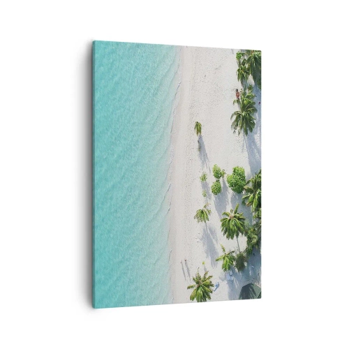 Impression sur toile - Image sur toile - Vue plongeante sur une plage tropicale avec de l'eau turquoise et des palmiers - 50x70cm - Vacances au paradis - Décoration murale moderne pour le salon et la chambre ARTTOR