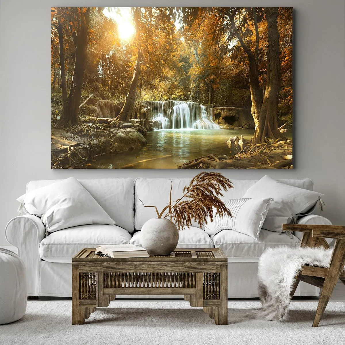 Impression sur toile - Image sur toile - Paysage d'automne avec une cascade - 120x80cm - Cascade du parc - Décoration murale moderne pour le salon et la chambre ARTTOR