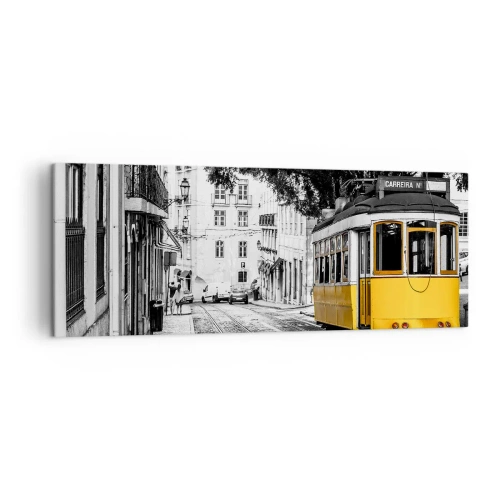 Impression sur toile - Image sur toile - Un tramway jaune sur fond de rue en noir et blanc - 140x50cm - Et du fado en arrière-plan - Décoration murale moderne pour le salon et la chambre ARTTOR