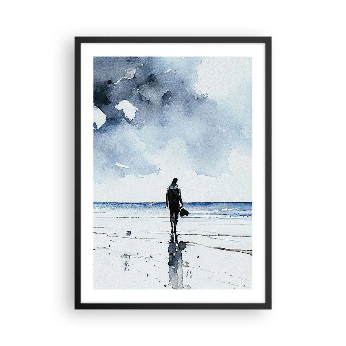 Affiche dans un cadre noir - Poster - Paysage à l'aquarelle avec une figure sur la plage - 50x70cm - Conversation avec la mer - Décoration murale moderne pour le salon et la chambre ARTTOR