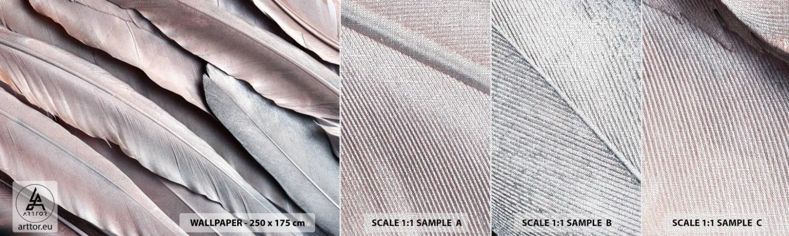 Échantillon de Papier Peint Premium Canvas - En argent rose - Plume oiseau, Graphique, Bohème - 100x30 cm