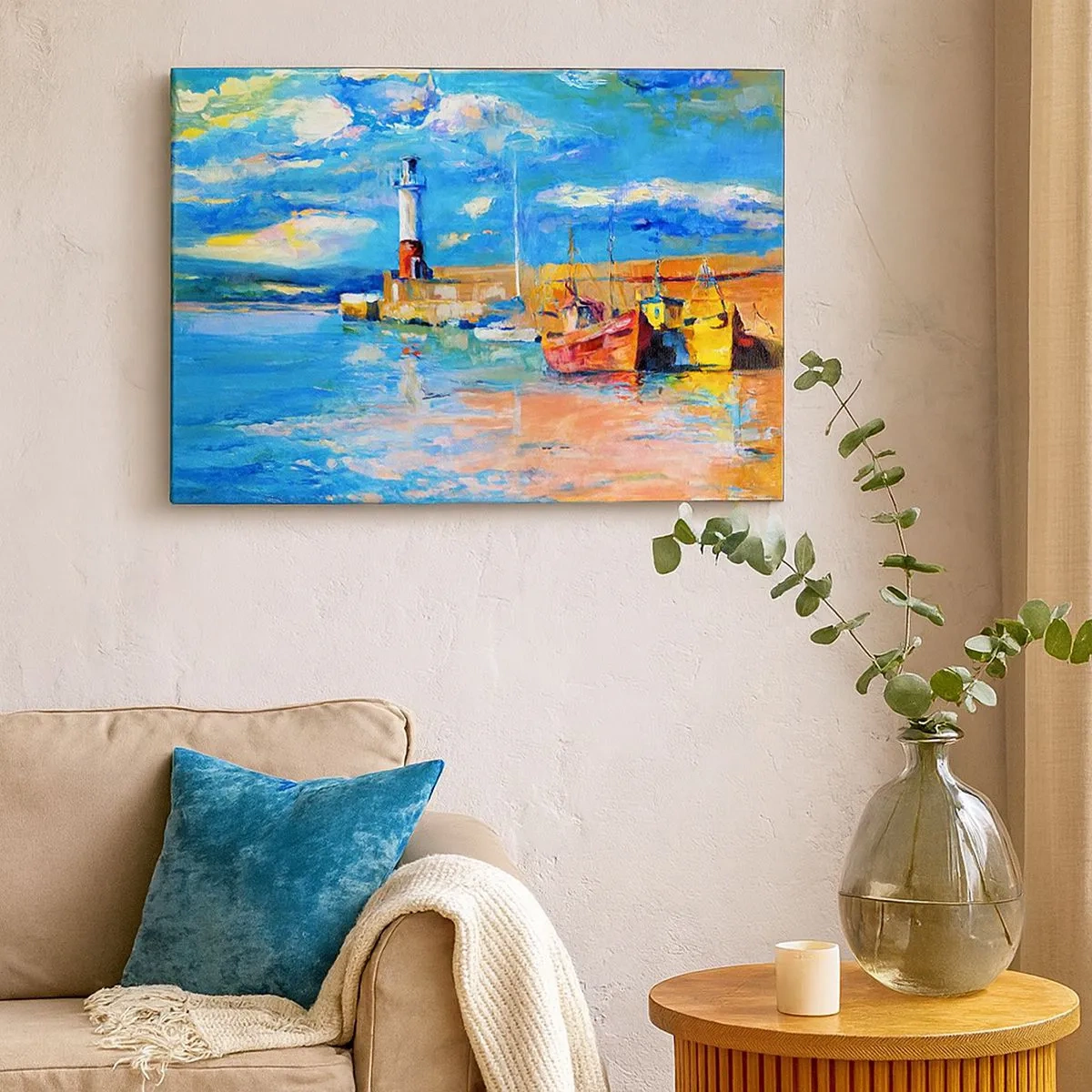 Impression sur toile - Image sur toile - Port de pêche avec bateaux et phare aux couleurs vives - 70x50cm - Un après-midi dans la baie arc-en-ciel - Décoration murale moderne pour le salon et la chambre ARTTOR