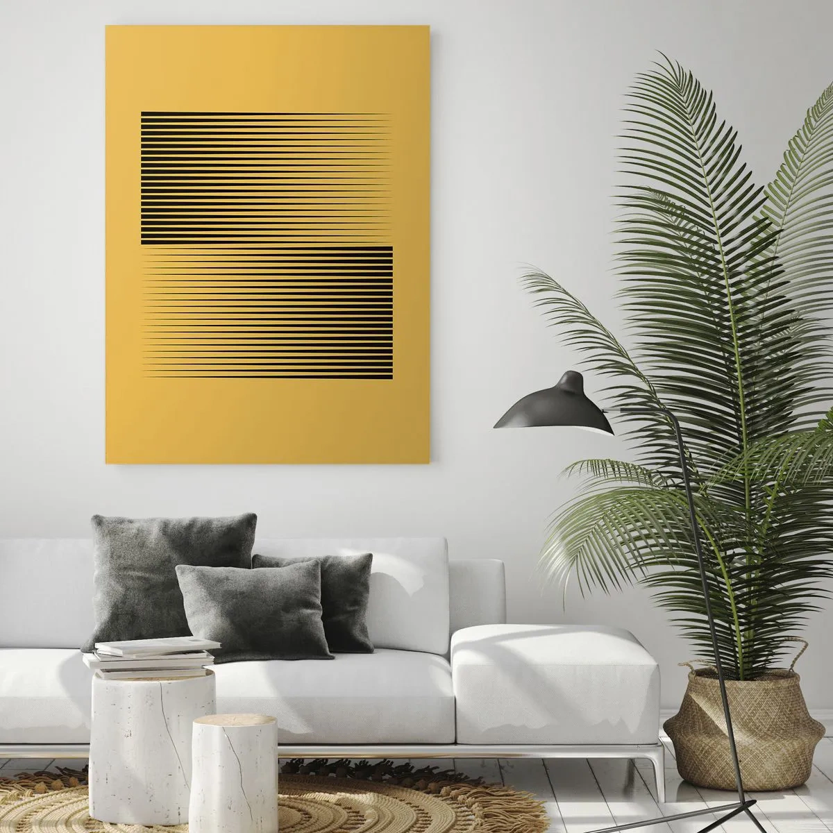 Impression sur verre - Image sur verre - Lignes noires verticales sur fond jaune - 80x120cm - Cadre opposé - Décoration murale moderne pour le salon et la chambre ARTTOR