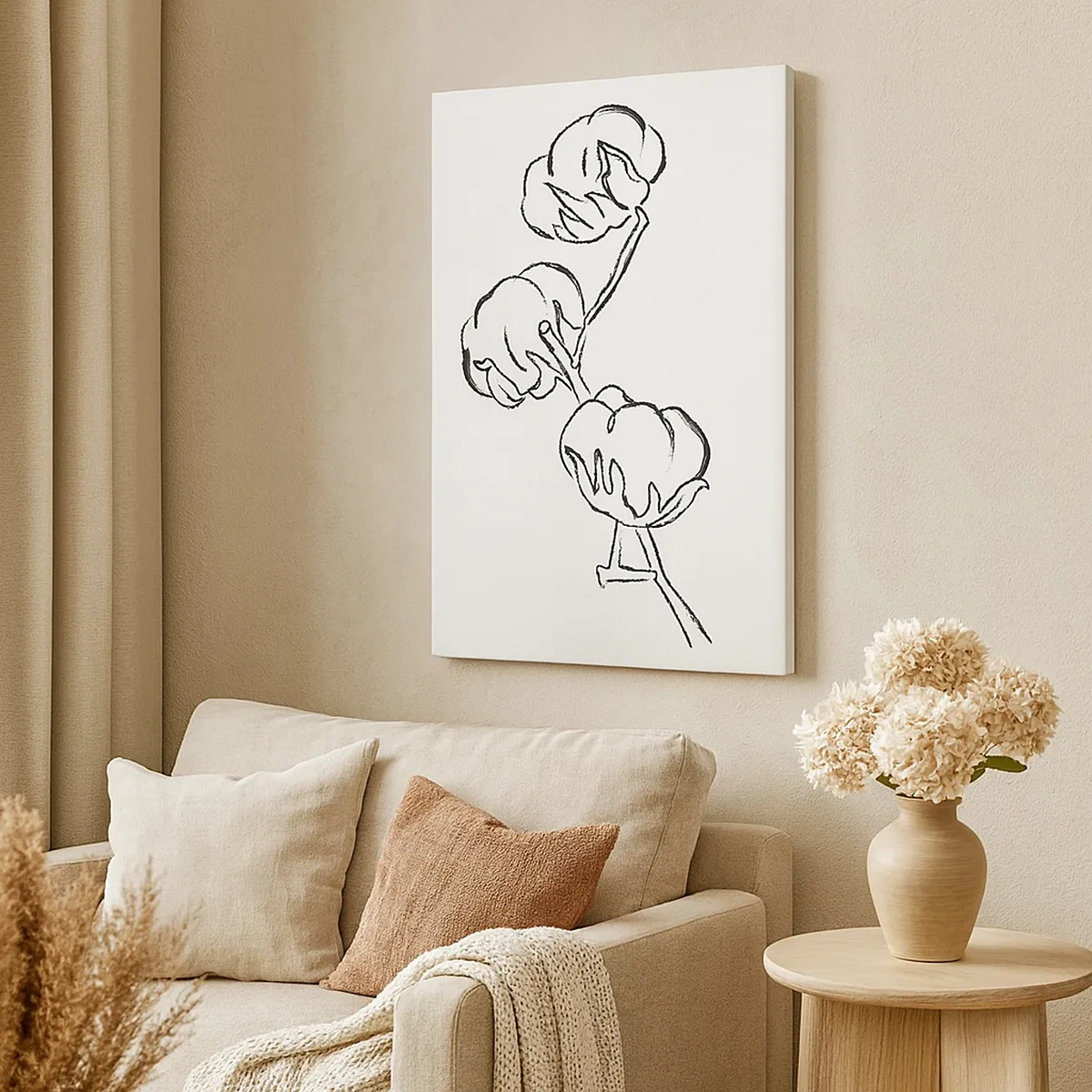 Impression sur toile - Image sur toile - Un contour délicat d'une branche de coton sur fond blanc - 50x70cm - Duvet de coton - Décoration murale moderne pour le salon et la chambre ARTTOR