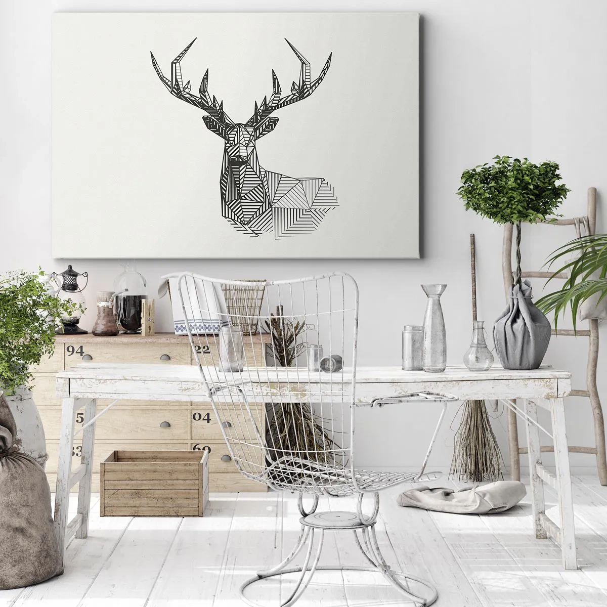 Impression sur toile - Image sur toile - Image géométrique d'un cerf dans un style minimaliste en noir et blanc - 70x50cm - Cerf dans un style cubique - Décoration murale moderne pour le salon et la chambre ARTTOR