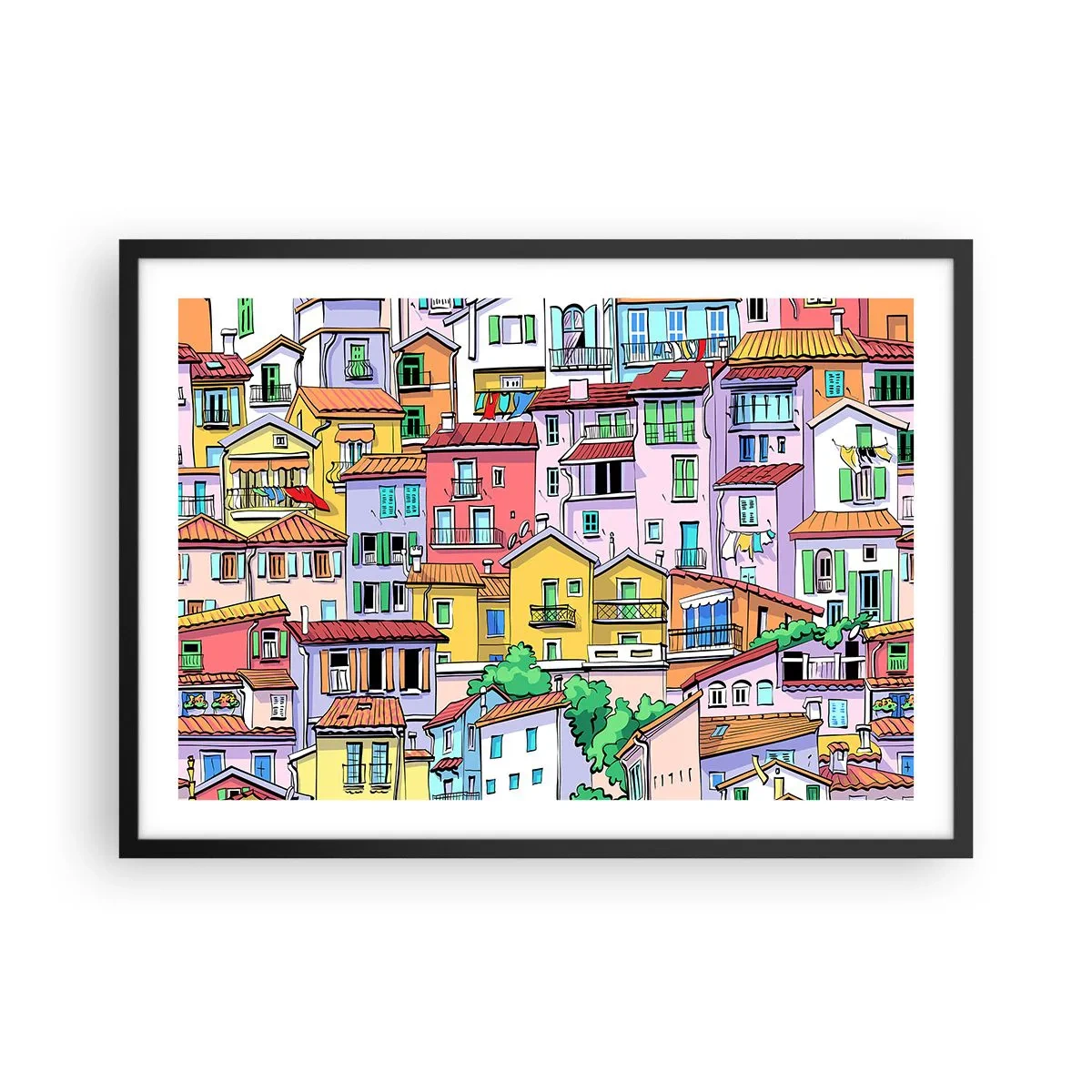 Affiche dans un cadre noir - Poster - Des immeubles colorés au style vivant et joyeux - 70x50cm - Ville joyeuse - Décoration murale moderne pour le salon et la chambre ARTTOR
