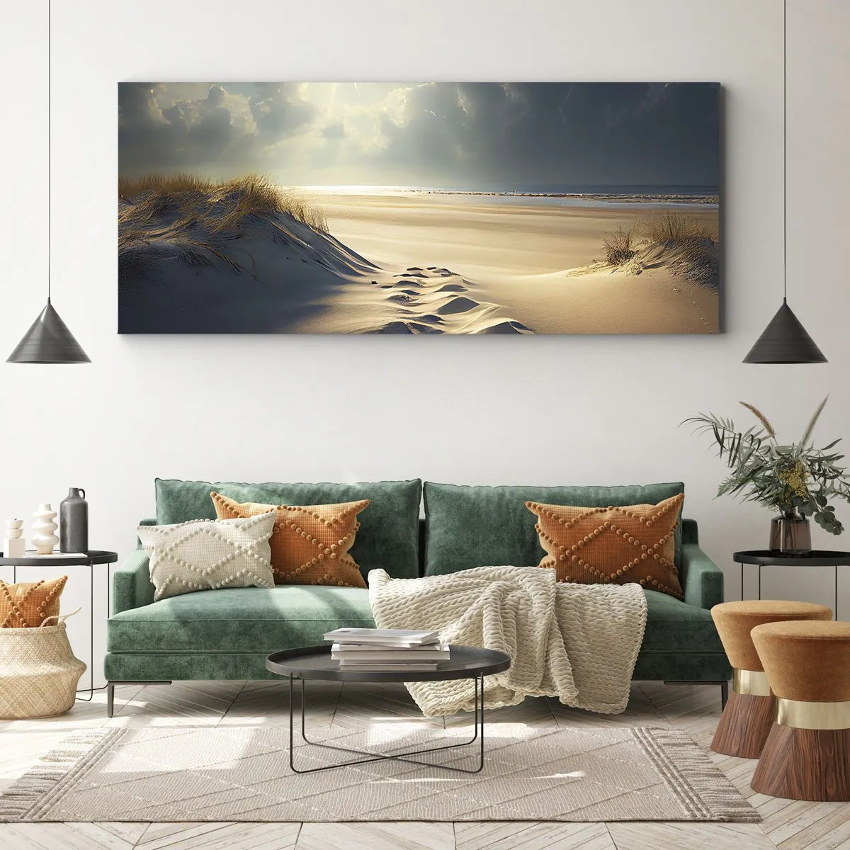 Impression sur toile - Image sur toile - Dunes dorées sur la plage au coucher du soleil avec vue sur la mer - 160x50cm - Un paysage apaisant - Décoration murale moderne pour le salon et la chambre ARTTOR